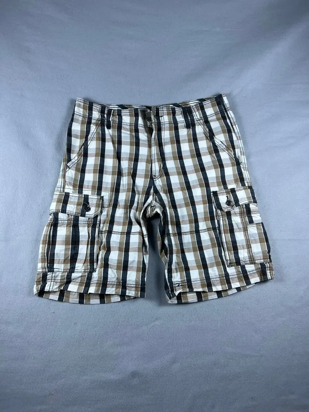 Levi's Cargo Shorts Mens 34 Brown Black Cream Plaid Utility Hiking Outdoor Sport